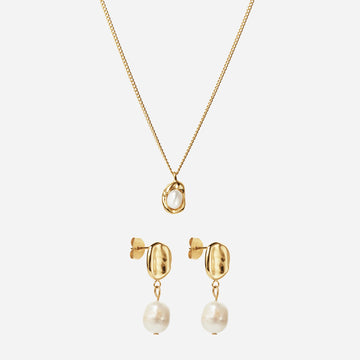 Halsband med smält pärla + örhängen med smält droppe 18k guldpläterad