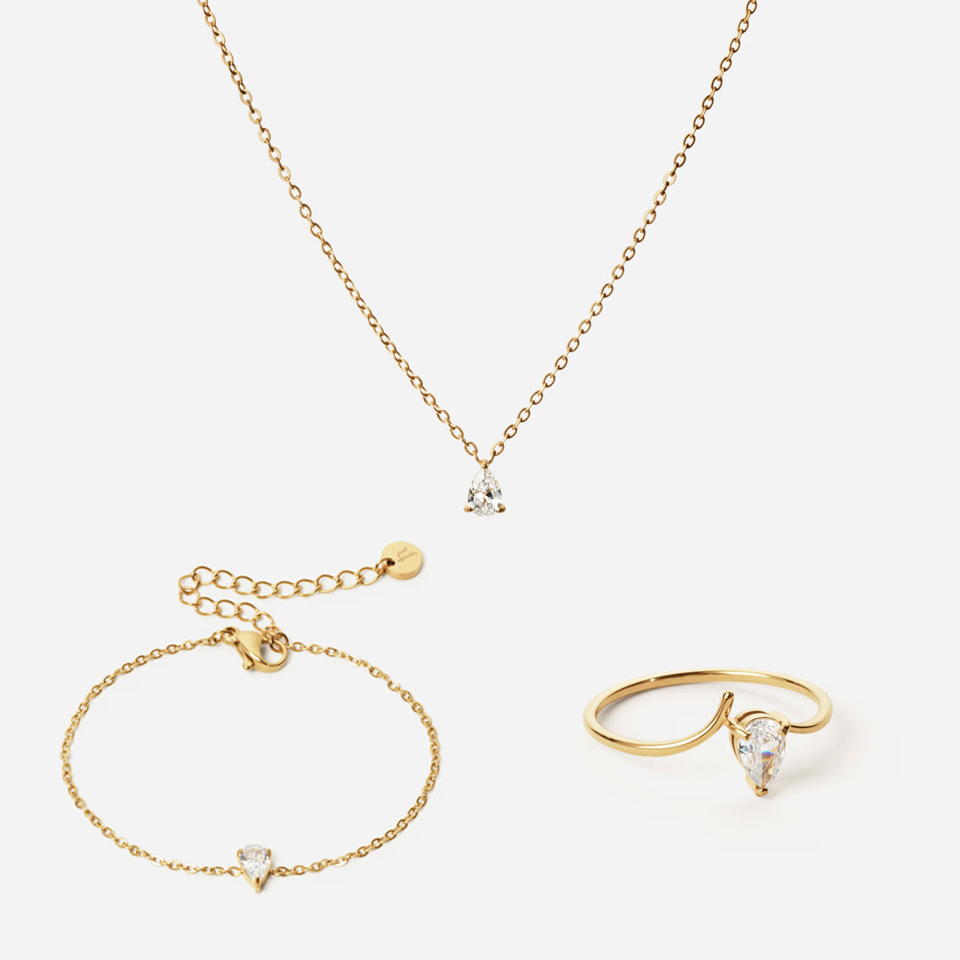 Ice Drop Zirkon Ring + Armband + Halsband