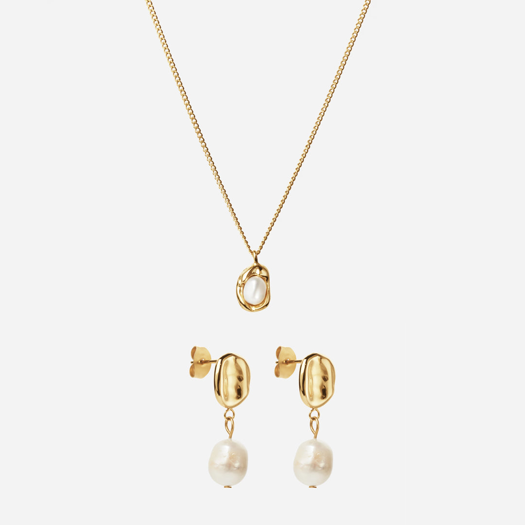 Halsband med smält pärla + örhängen med smält droppe 18k guldpläterad