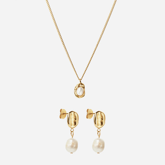 Halsband med smält pärla + örhängen med smält droppe 18k guldpläterad